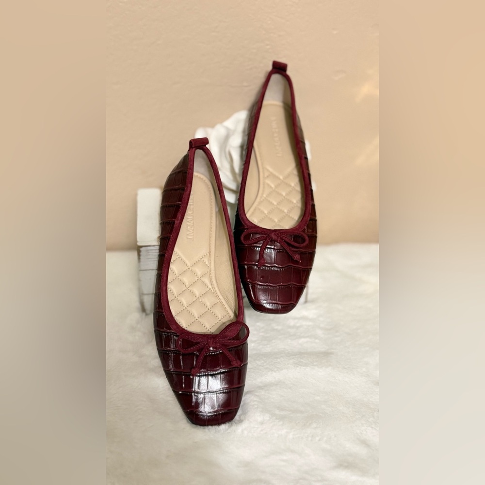 J mclaughlin Croc-Textured Ballet Flats with Bow in Deep Wine